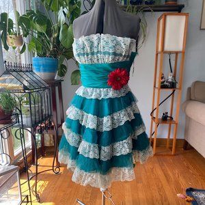 2000s Betsey Johnson Evening Tea Party Dress, Vintage lace ruffle strapless prom